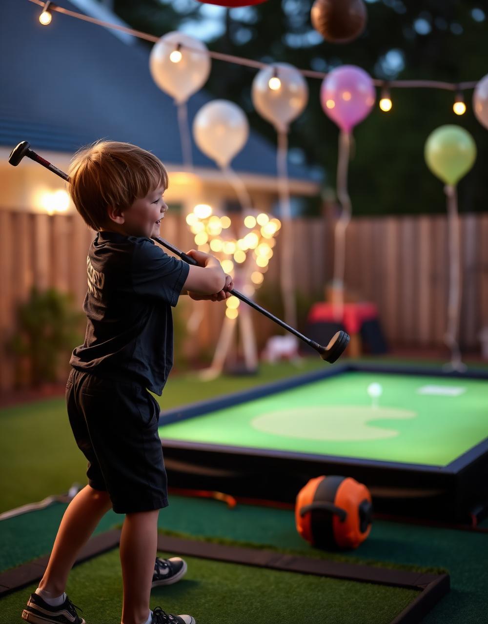 Kid taking a swing at a backyard birthday party simulator