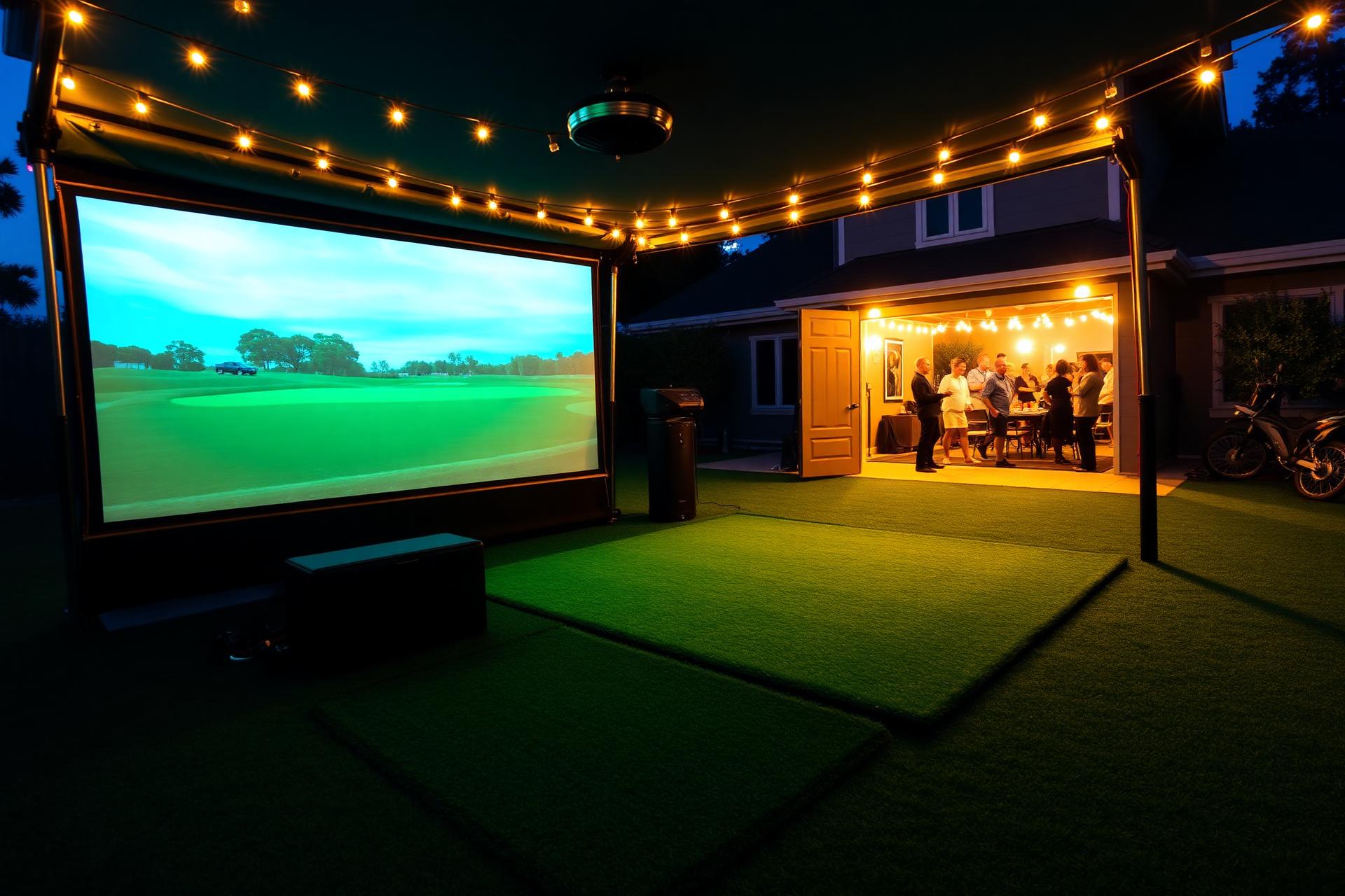 Mobile golf simulator setup in a backyard at dusk